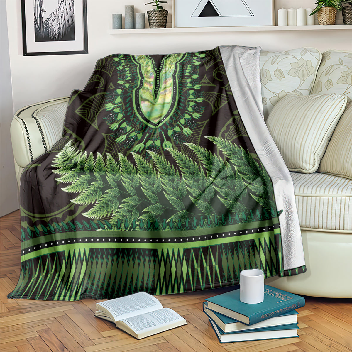 Lime Green African Dashiki With Aotearoa Maori Blanket Paua Shell Mix Silver Fern LT14 Lime Green - Polynesian Pride
