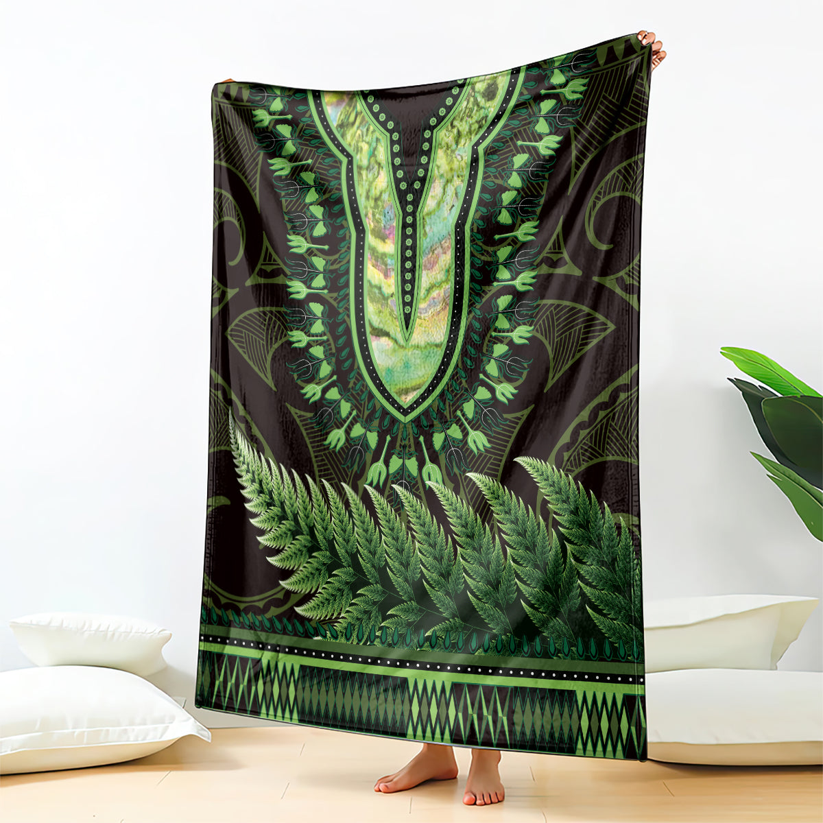 Lime Green African Dashiki With Aotearoa Maori Blanket Paua Shell Mix Silver Fern LT14 - Polynesian Pride