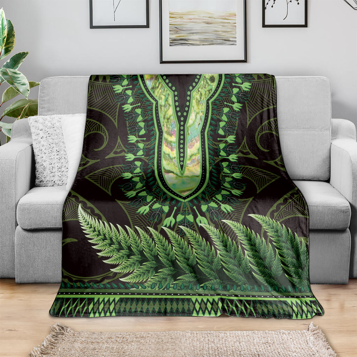 Lime Green African Dashiki With Aotearoa Maori Blanket Paua Shell Mix Silver Fern LT14 - Polynesian Pride