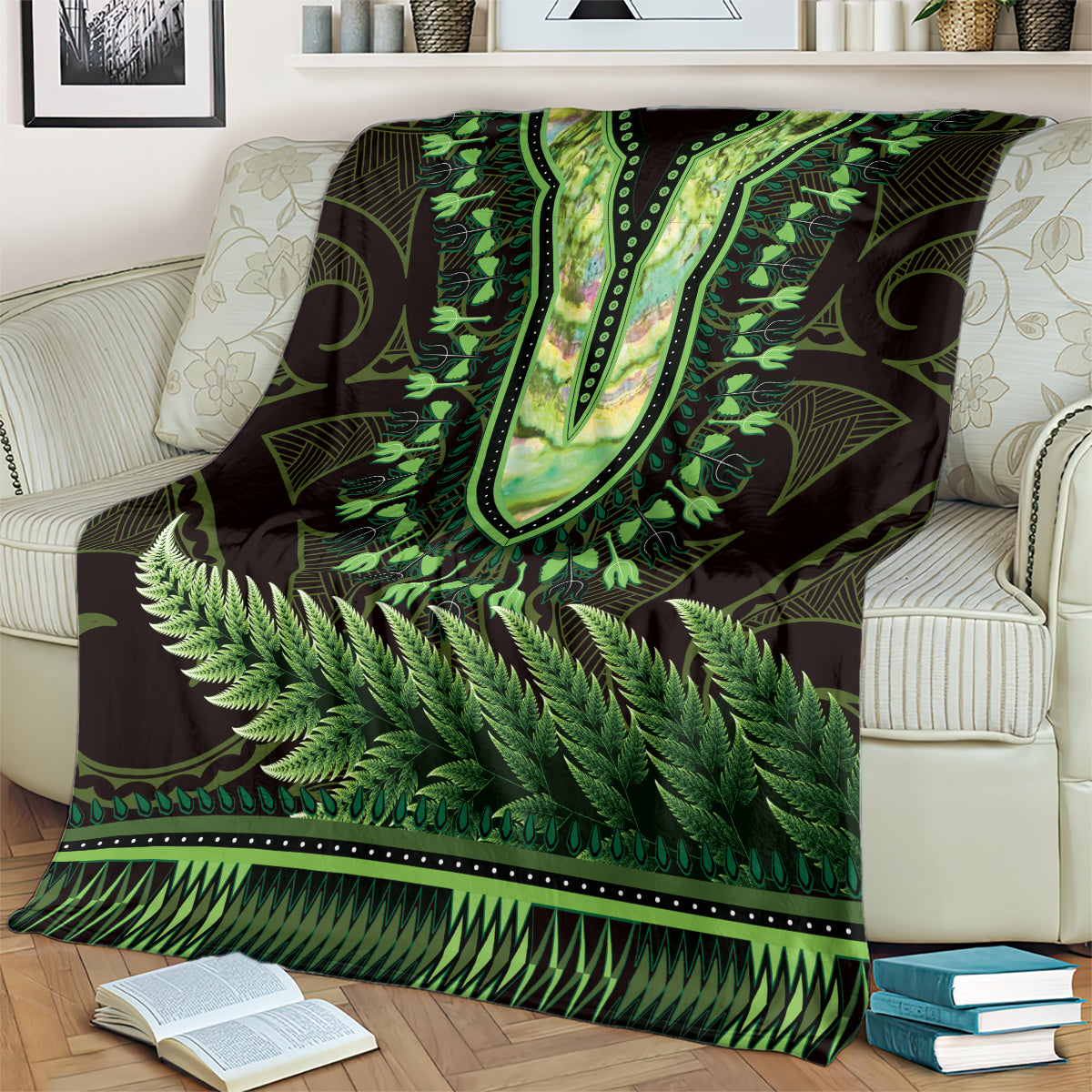 Lime Green African Dashiki With Aotearoa Maori Blanket Paua Shell Mix Silver Fern LT14 - Polynesian Pride