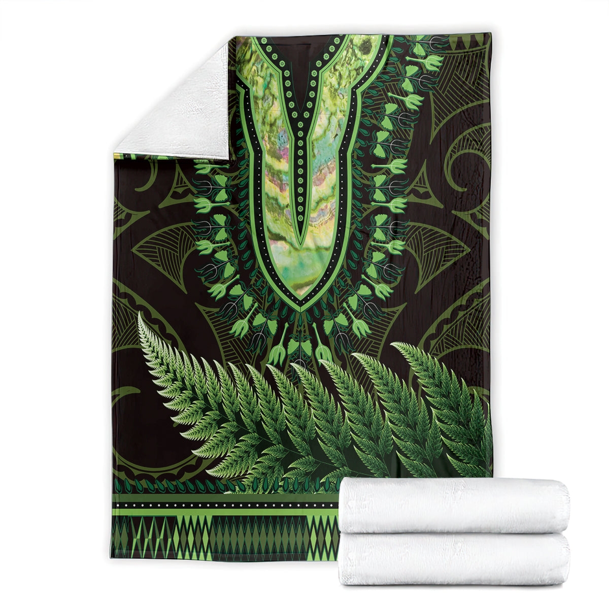 Lime Green African Dashiki With Aotearoa Maori Blanket Paua Shell Mix Silver Fern LT14 - Polynesian Pride