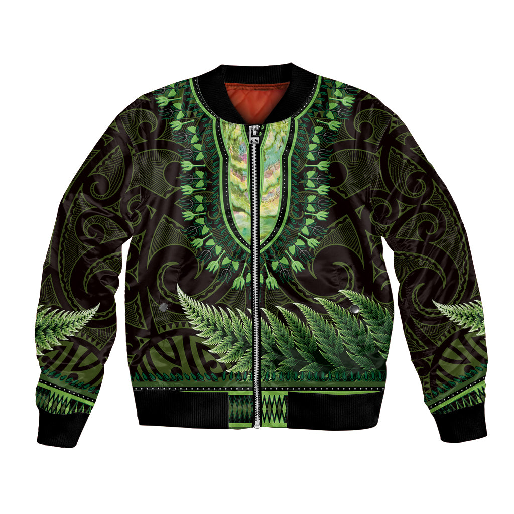 Lime Green African Dashiki With Aotearoa Maori Bomber Jacket Paua Shell Mix Silver Fern LT14 Unisex Lime Green - Polynesian Pride