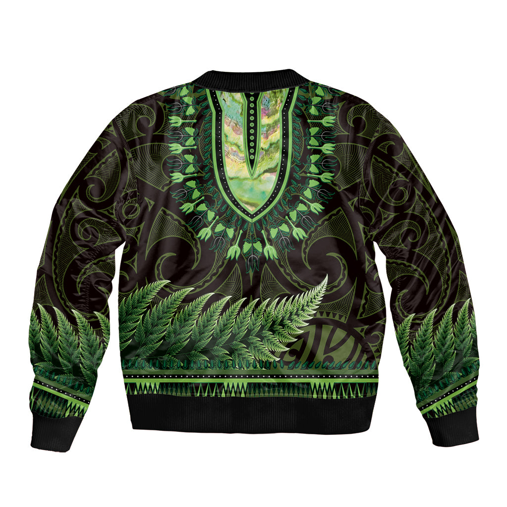 Lime Green African Dashiki With Aotearoa Maori Bomber Jacket Paua Shell Mix Silver Fern LT14 - Polynesian Pride