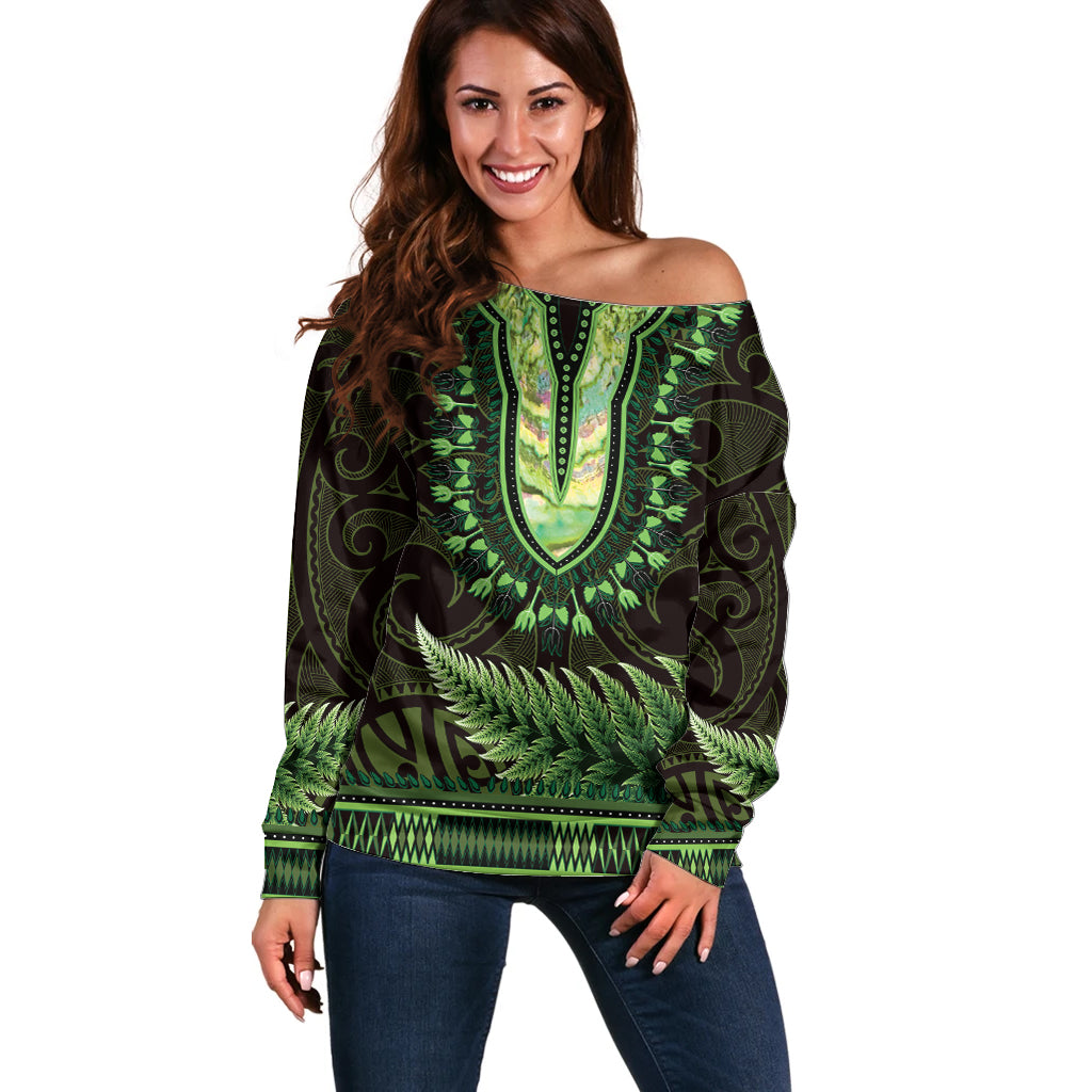 Lime Green African Dashiki With Aotearoa Maori Off Shoulder Sweater Paua Shell Mix Silver Fern LT14 Women Lime Green - Polynesian Pride