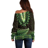 Lime Green African Dashiki With Aotearoa Maori Off Shoulder Sweater Paua Shell Mix Silver Fern LT14 - Polynesian Pride