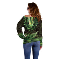 Lime Green African Dashiki With Aotearoa Maori Off Shoulder Sweater Paua Shell Mix Silver Fern LT14 - Polynesian Pride