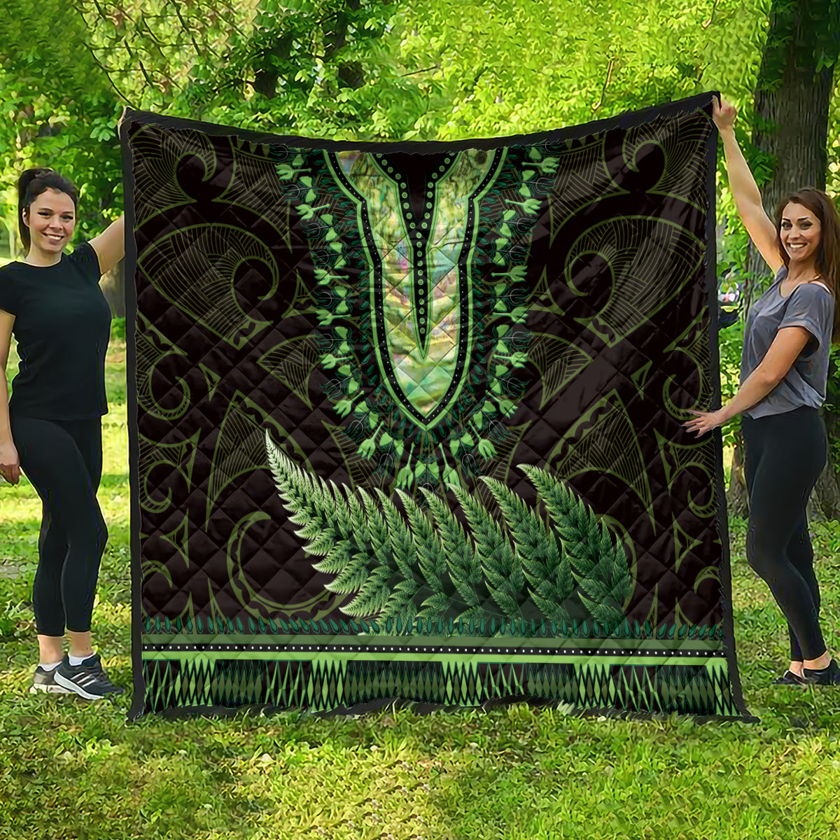 Lime Green African Dashiki With Aotearoa Maori Quilt Paua Shell Mix Silver Fern LT14 - Polynesian Pride
