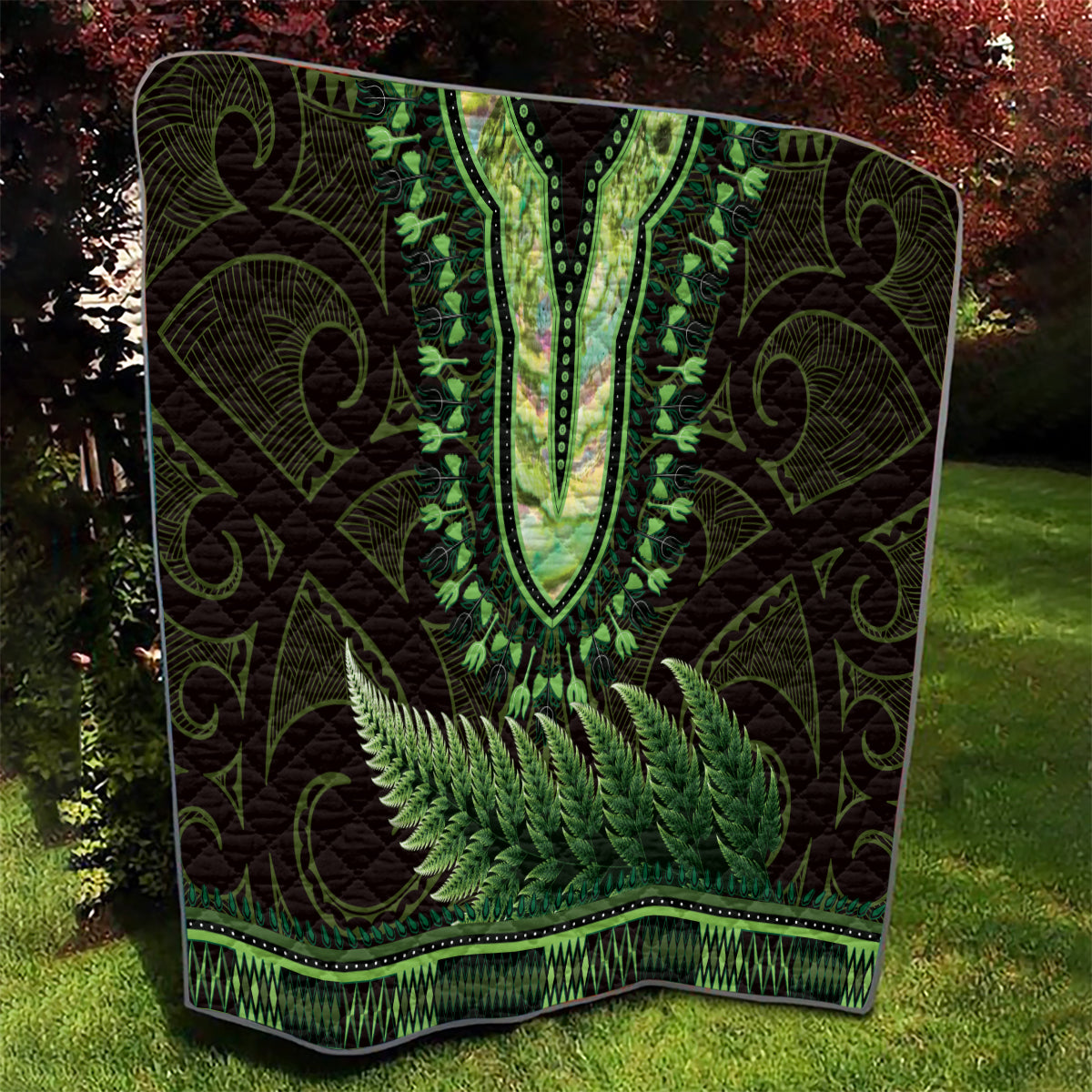 Lime Green African Dashiki With Aotearoa Maori Quilt Paua Shell Mix Silver Fern LT14 - Polynesian Pride