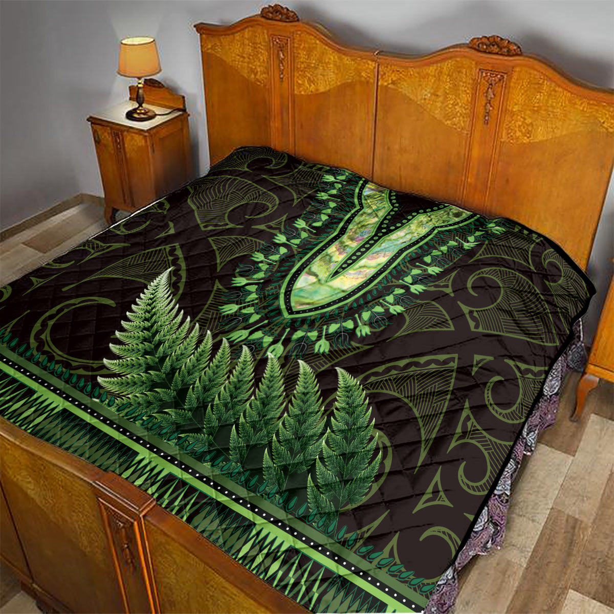 Lime Green African Dashiki With Aotearoa Maori Quilt Paua Shell Mix Silver Fern LT14 - Polynesian Pride