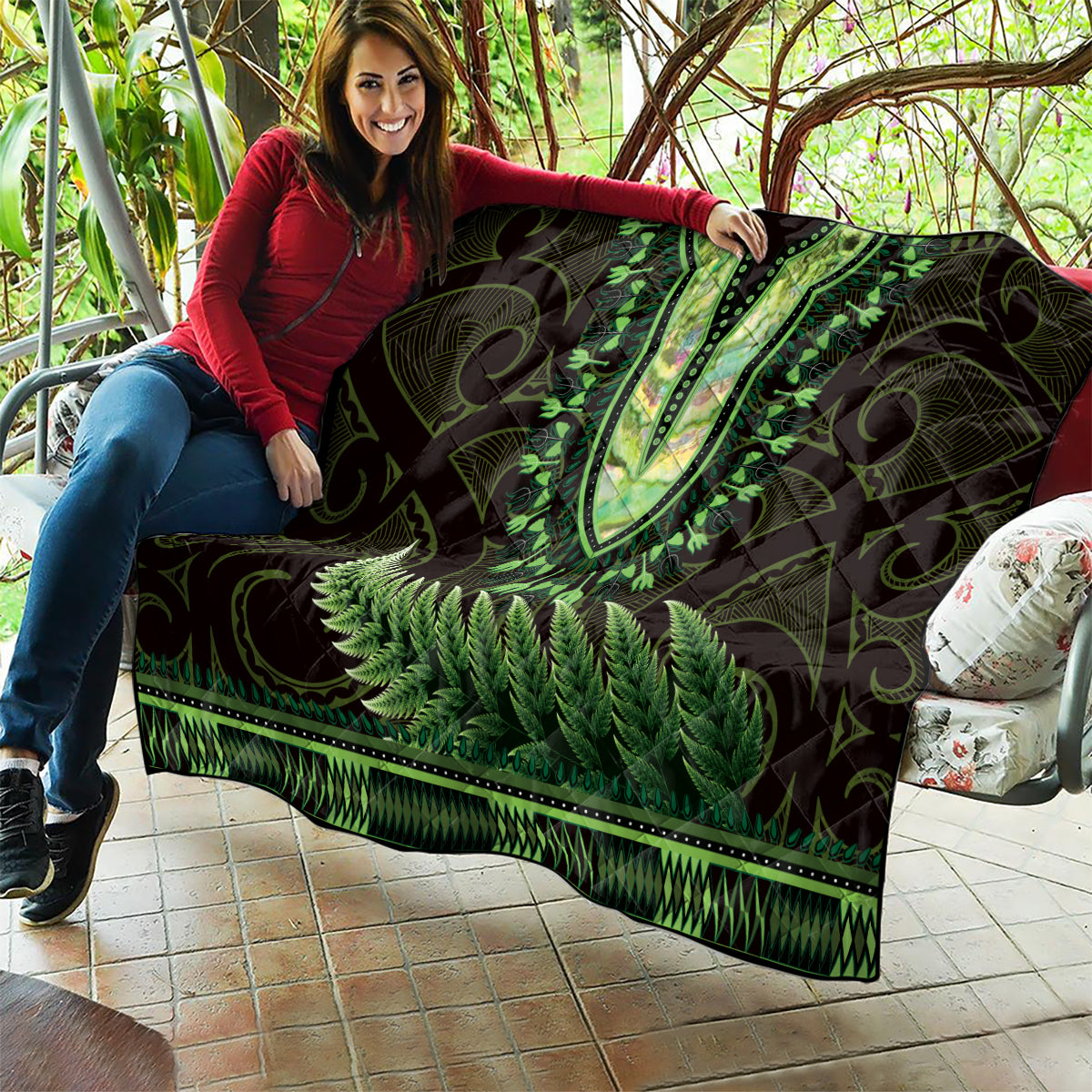 Lime Green African Dashiki With Aotearoa Maori Quilt Paua Shell Mix Silver Fern LT14 - Polynesian Pride