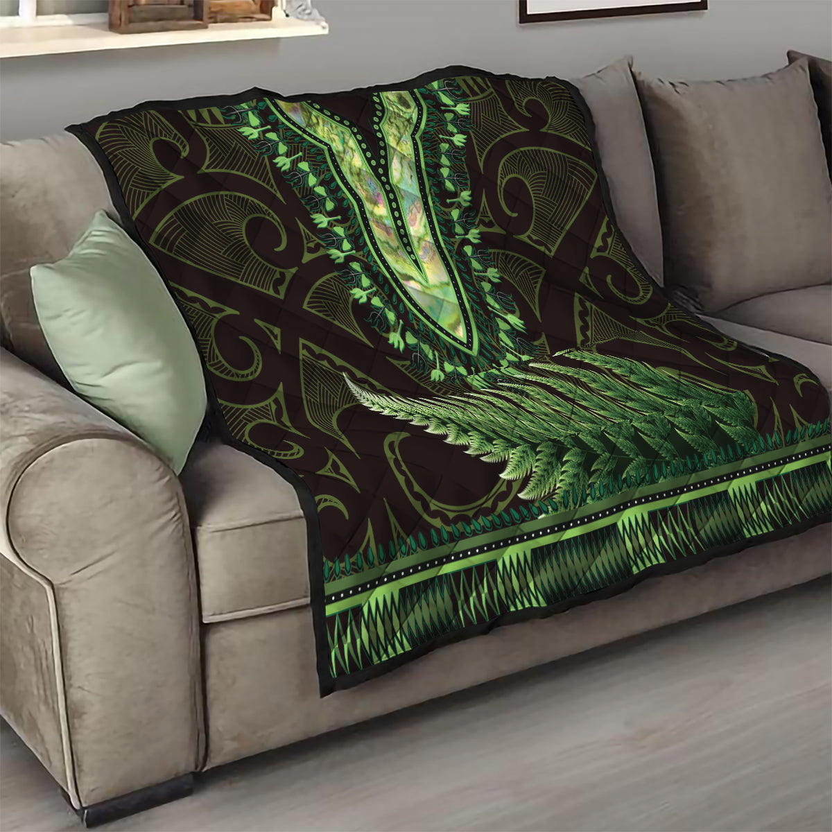 Lime Green African Dashiki With Aotearoa Maori Quilt Paua Shell Mix Silver Fern LT14 - Polynesian Pride