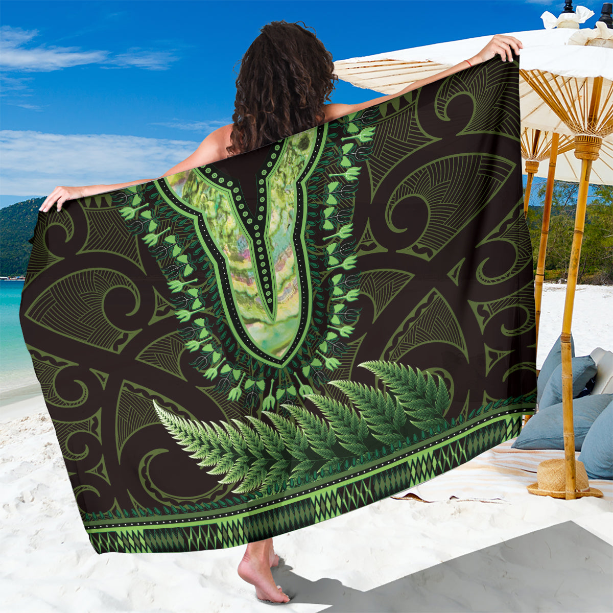 Lime Green African Dashiki With Aotearoa Maori Sarong Paua Shell Mix Silver Fern LT14 One Size 44 x 66 inches Lime Green - Polynesian Pride