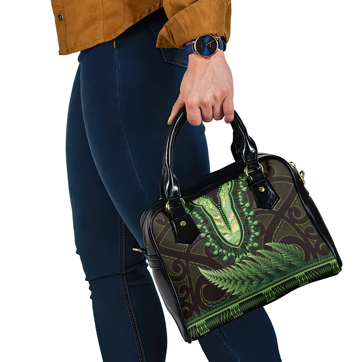 Lime Green African Dashiki With Aotearoa Maori Shoulder Handbag Paua Shell Mix Silver Fern LT14 - Polynesian Pride