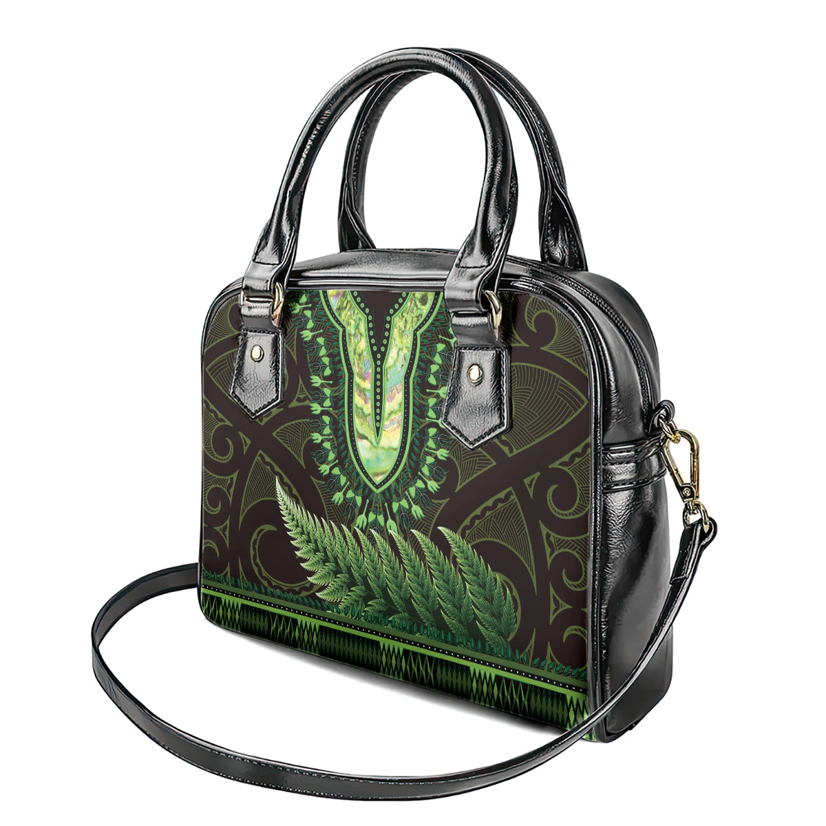 Lime Green African Dashiki With Aotearoa Maori Shoulder Handbag Paua Shell Mix Silver Fern LT14 - Polynesian Pride