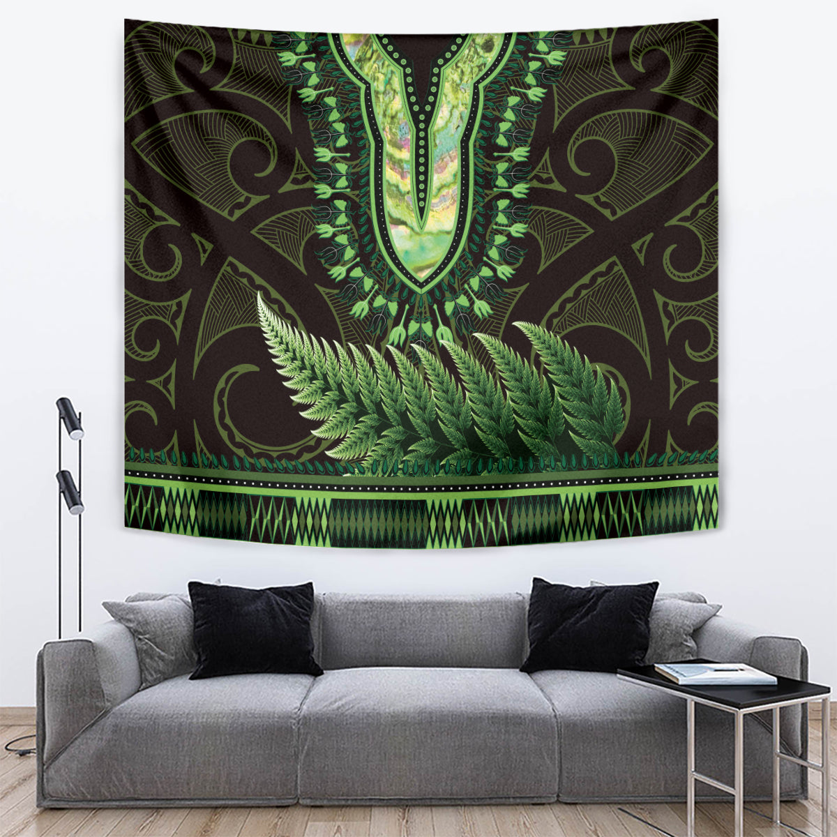 Lime Green African Dashiki With Aotearoa Maori Tapestry Paua Shell Mix Silver Fern LT14 Lime Green - Polynesian Pride