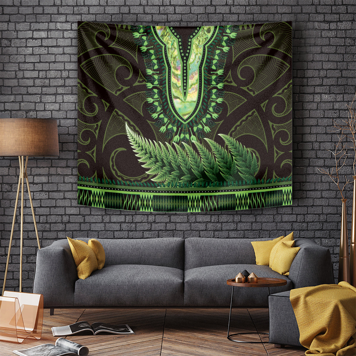 Lime Green African Dashiki With Aotearoa Maori Tapestry Paua Shell Mix Silver Fern LT14 - Polynesian Pride