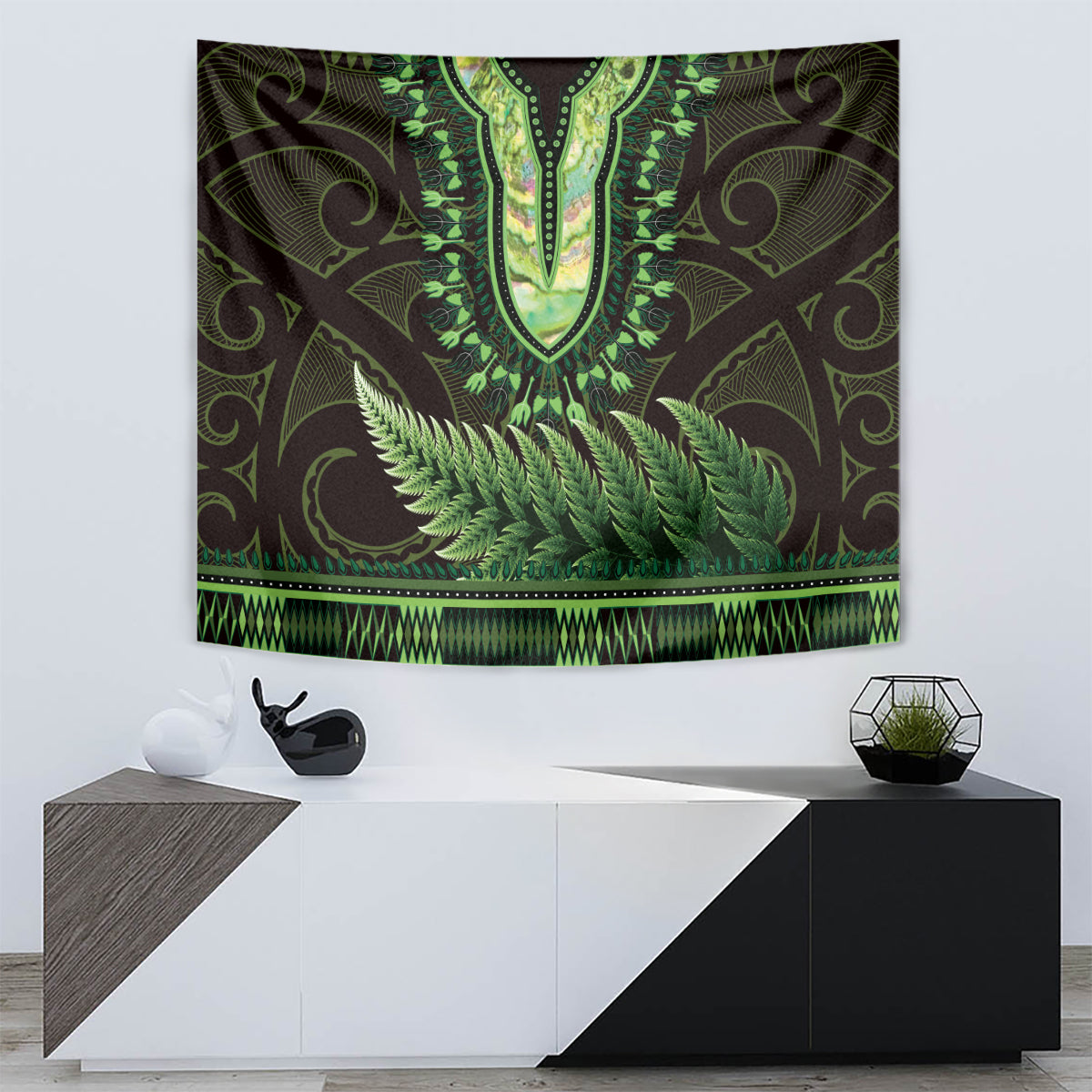 Lime Green African Dashiki With Aotearoa Maori Tapestry Paua Shell Mix Silver Fern LT14 - Polynesian Pride