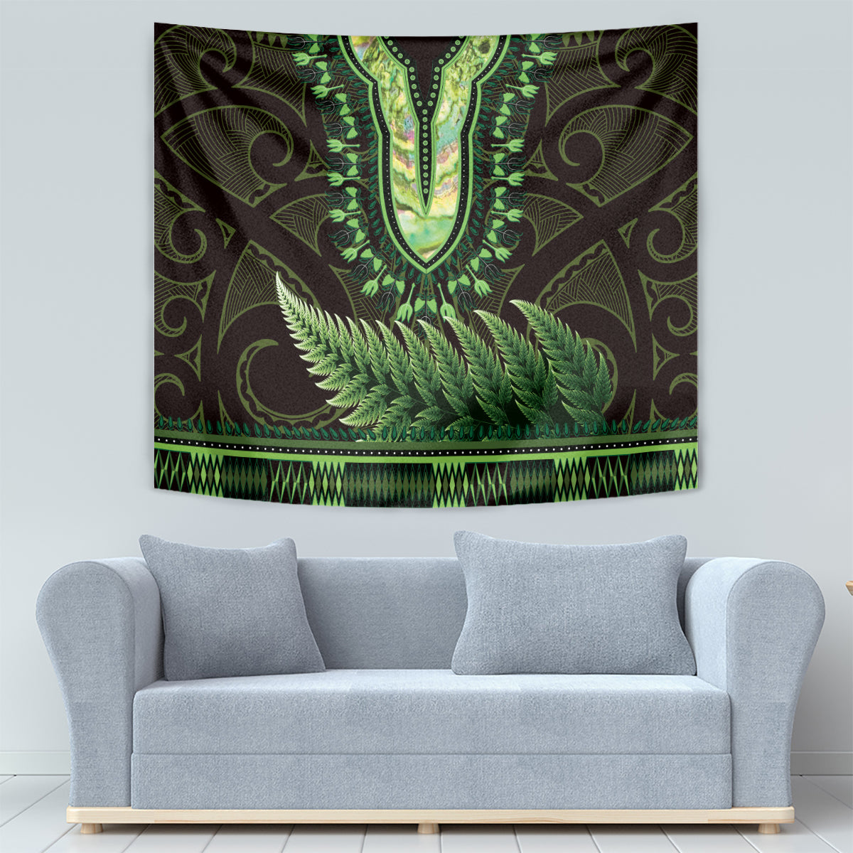 Lime Green African Dashiki With Aotearoa Maori Tapestry Paua Shell Mix Silver Fern LT14 - Polynesian Pride