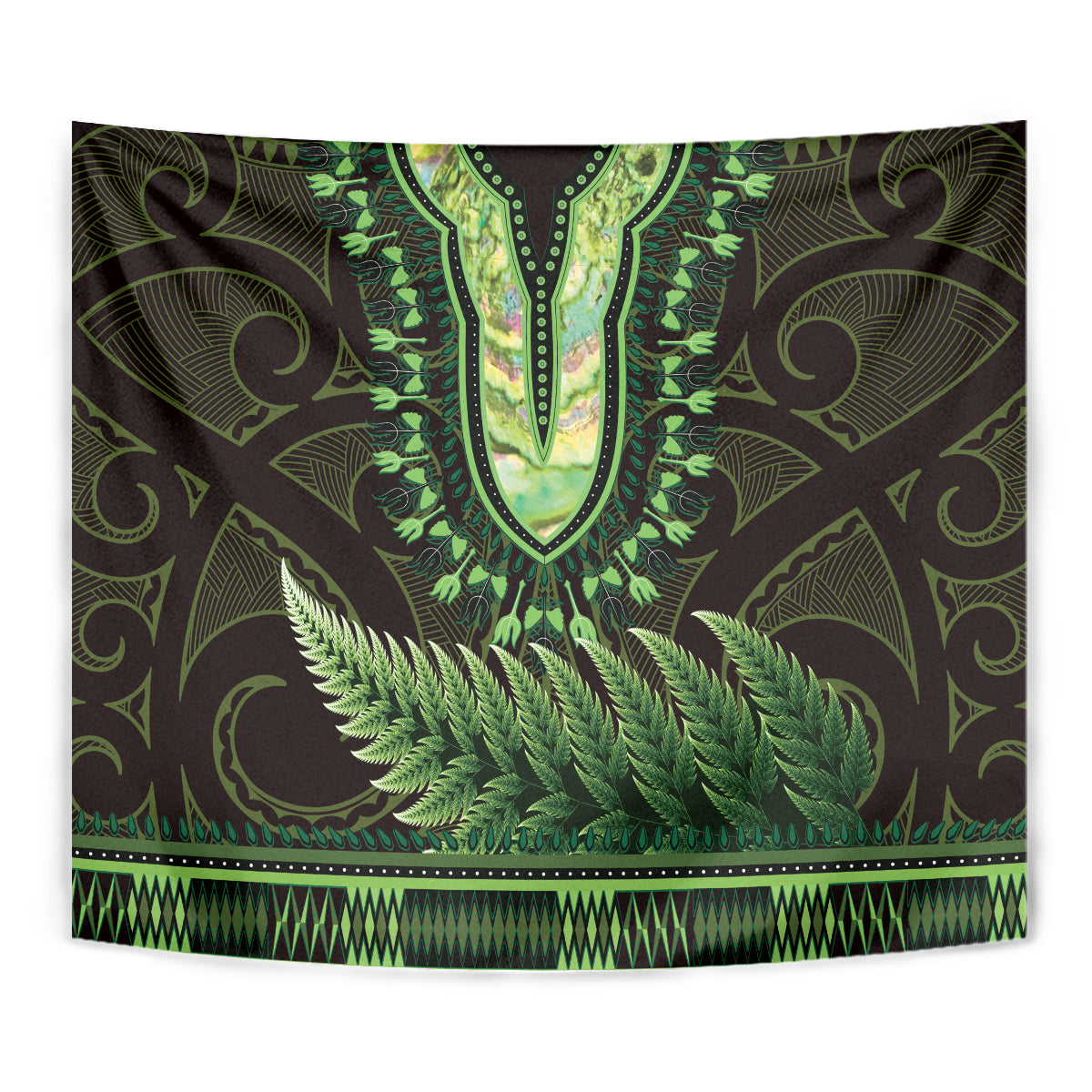 Lime Green African Dashiki With Aotearoa Maori Tapestry Paua Shell Mix Silver Fern LT14 - Polynesian Pride