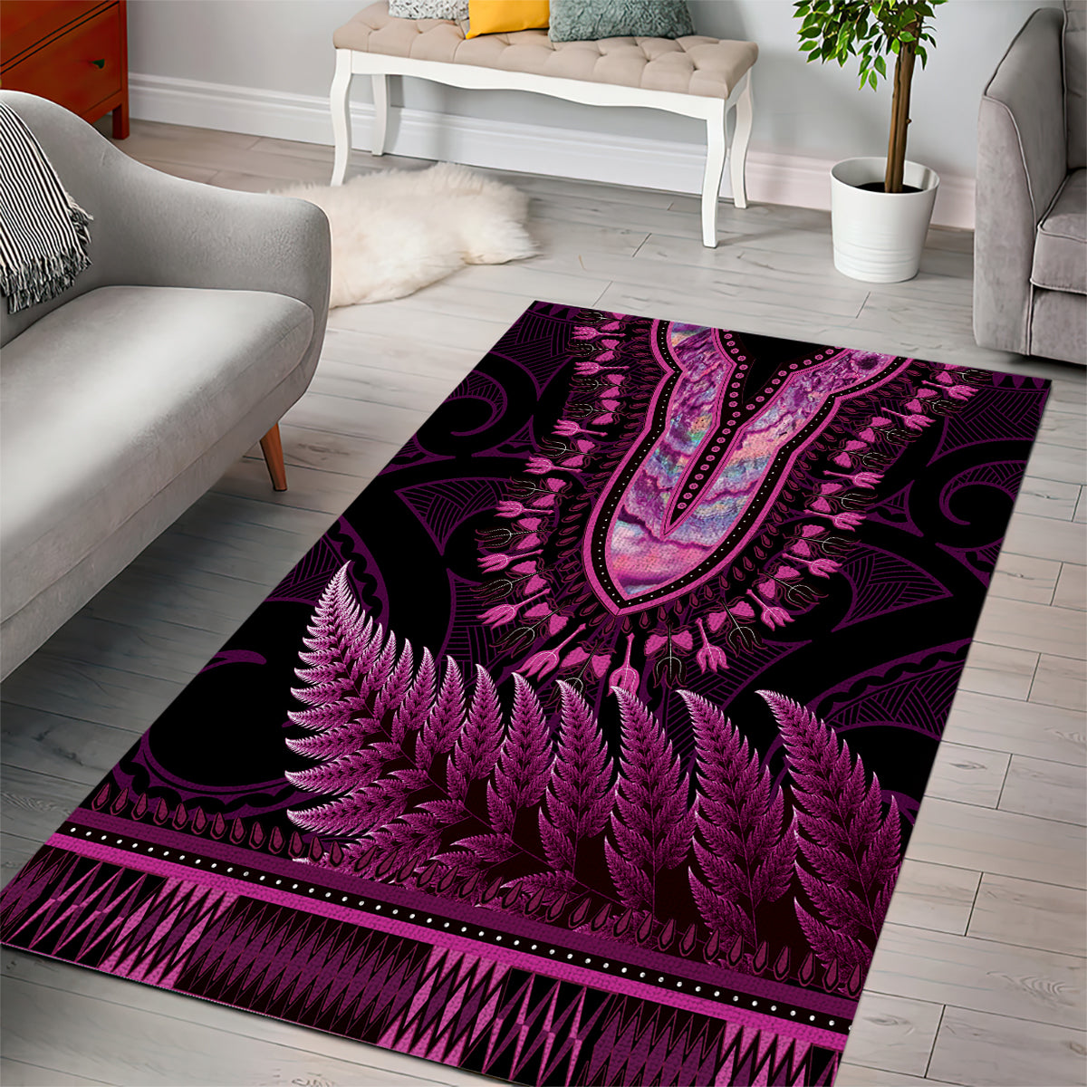 Pink African Dashiki With Aotearoa Maori Area Rug Paua Shell Mix Silver Fern LT14 - Polynesian Pride