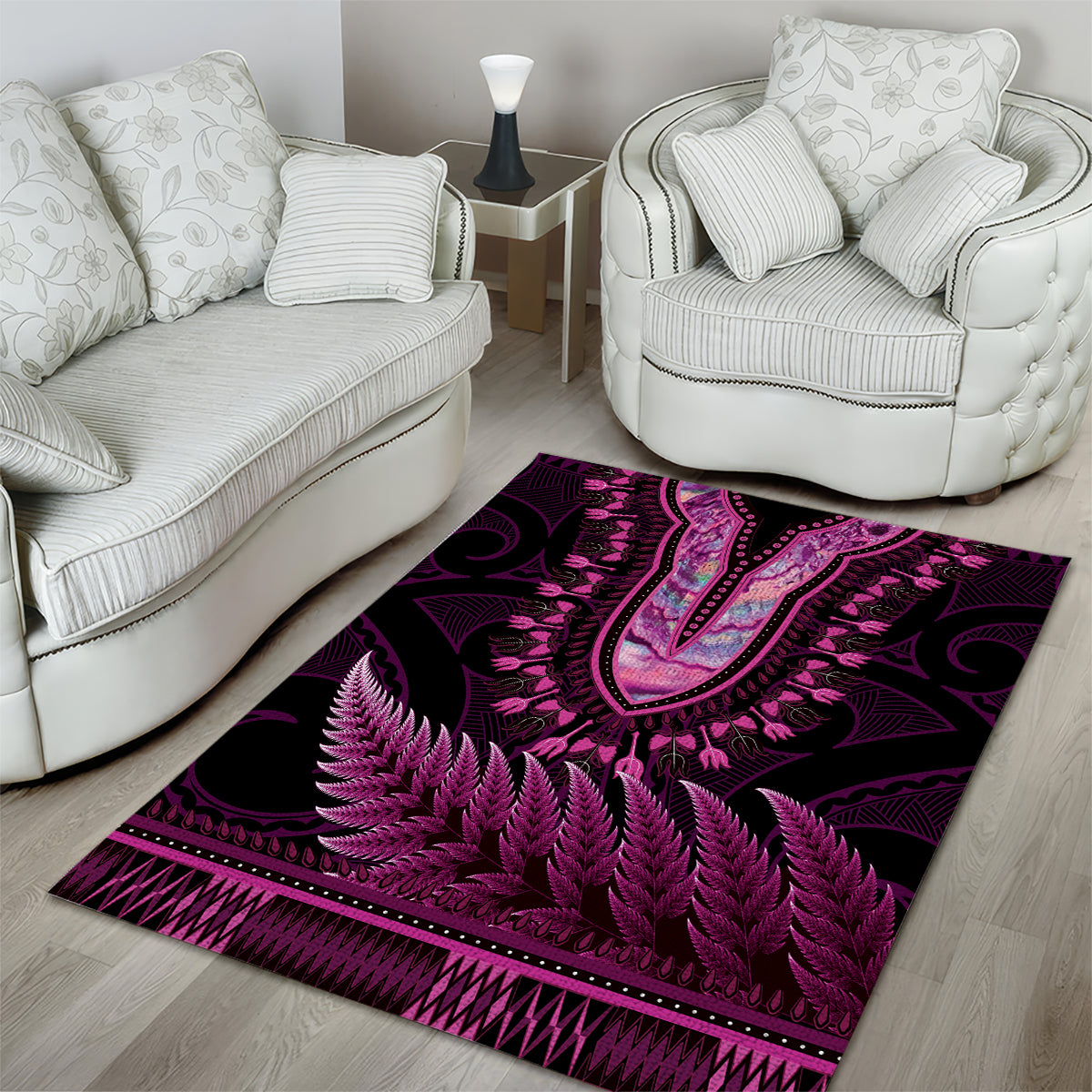 Pink African Dashiki With Aotearoa Maori Area Rug Paua Shell Mix Silver Fern LT14 - Polynesian Pride