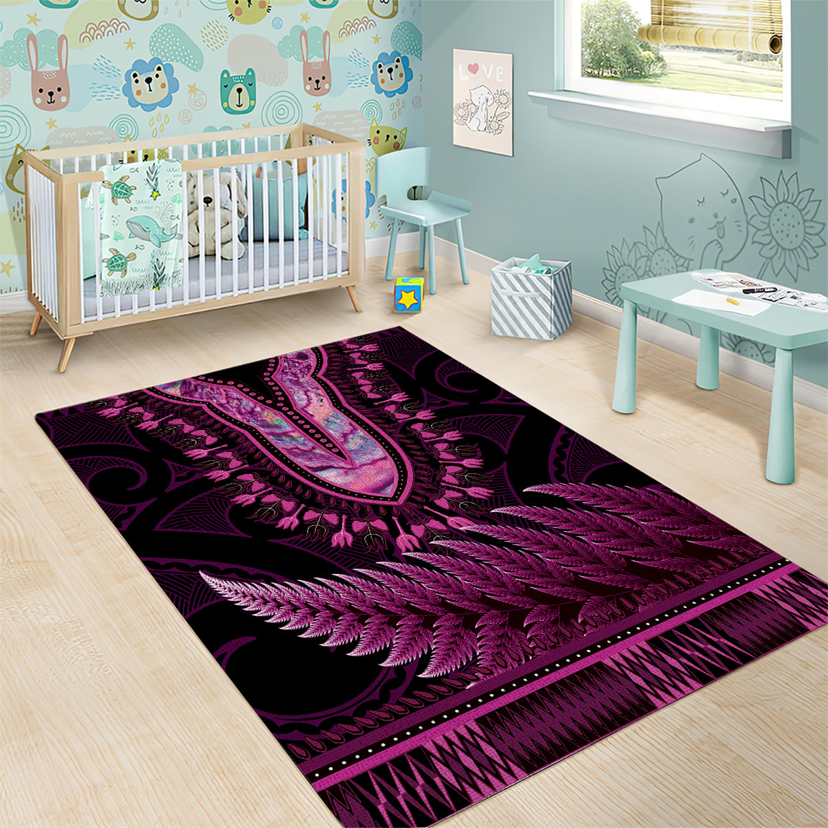 Pink African Dashiki With Aotearoa Maori Area Rug Paua Shell Mix Silver Fern LT14 - Polynesian Pride
