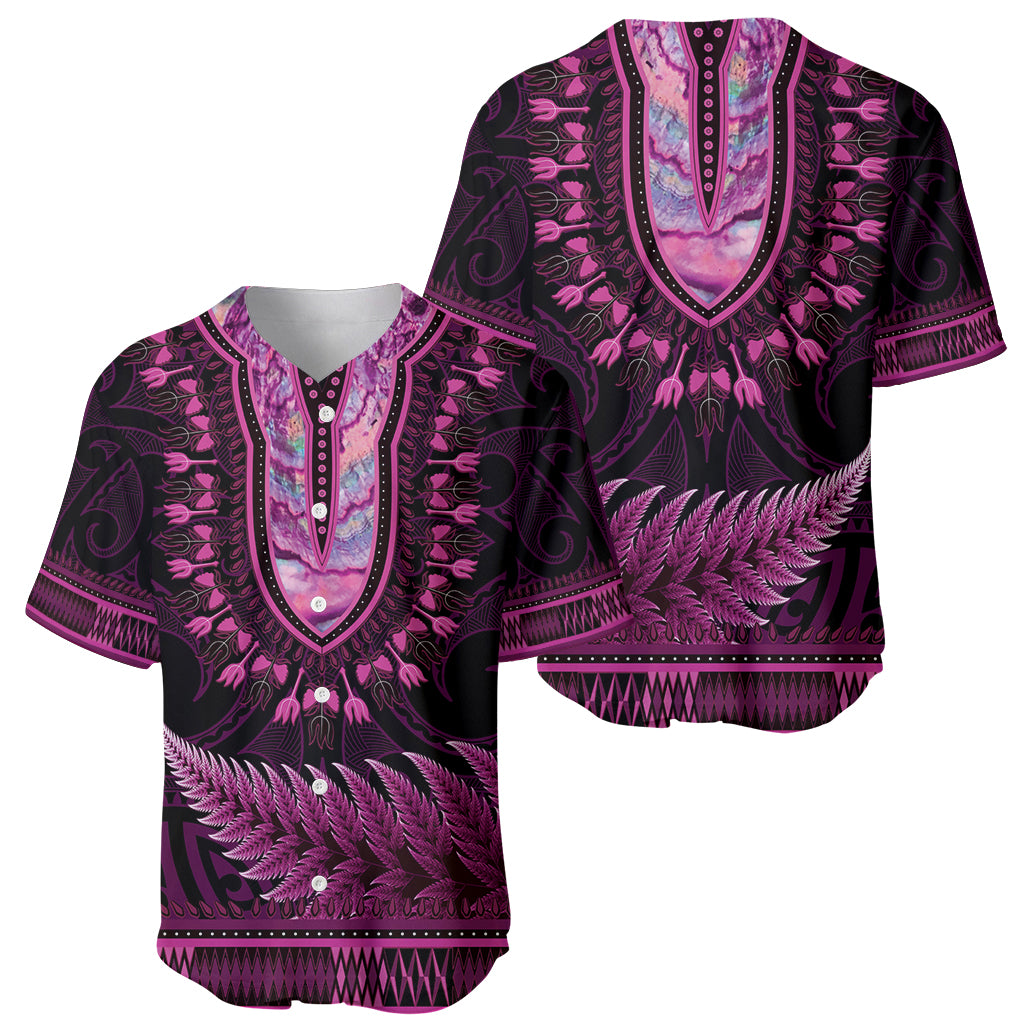 Pink African Dashiki With Aotearoa Maori Baseball Jersey Paua Shell Mix Silver Fern LT14 - Polynesian Pride