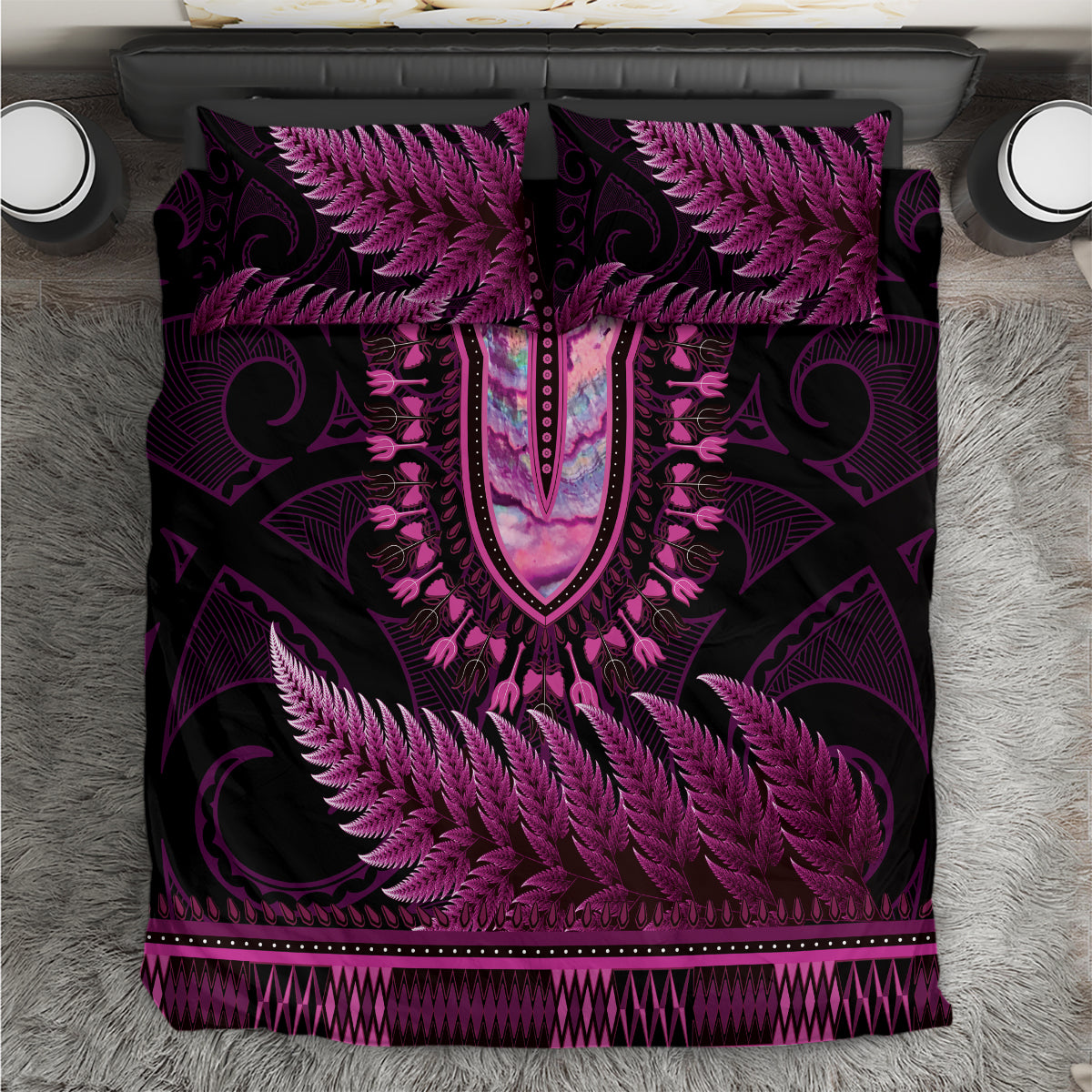 Pink African Dashiki With Aotearoa Maori Bedding Set Paua Shell Mix Silver Fern