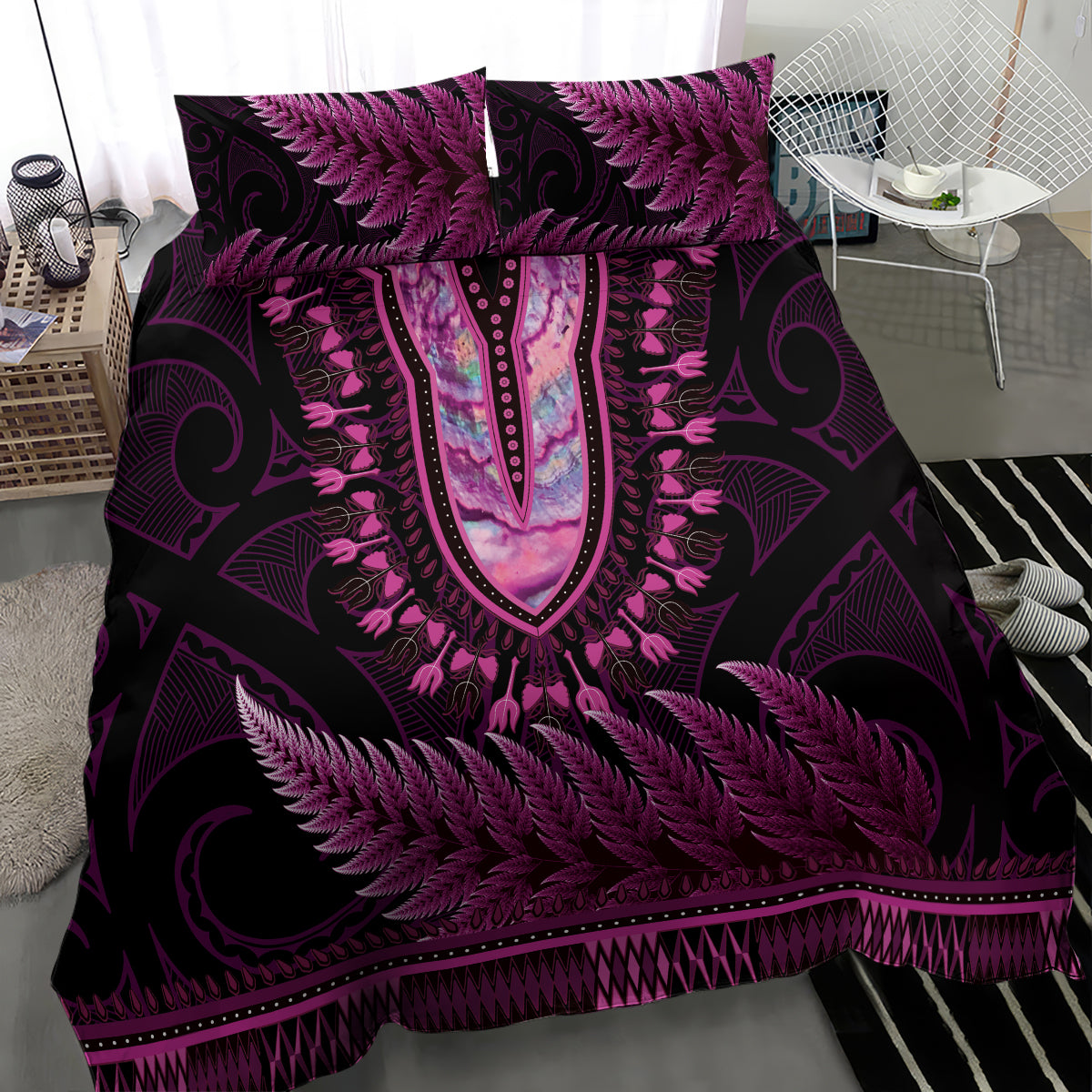Pink African Dashiki With Aotearoa Maori Bedding Set Paua Shell Mix Silver Fern LT14 - Polynesian Pride