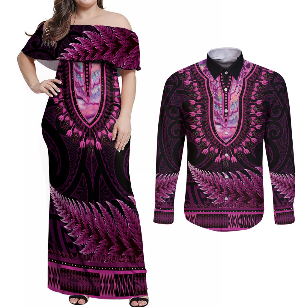 Pink African Dashiki With Aotearoa Maori Couples Matching Off Shoulder Maxi Dress and Long Sleeve Button Shirt Paua Shell Mix Silver Fern