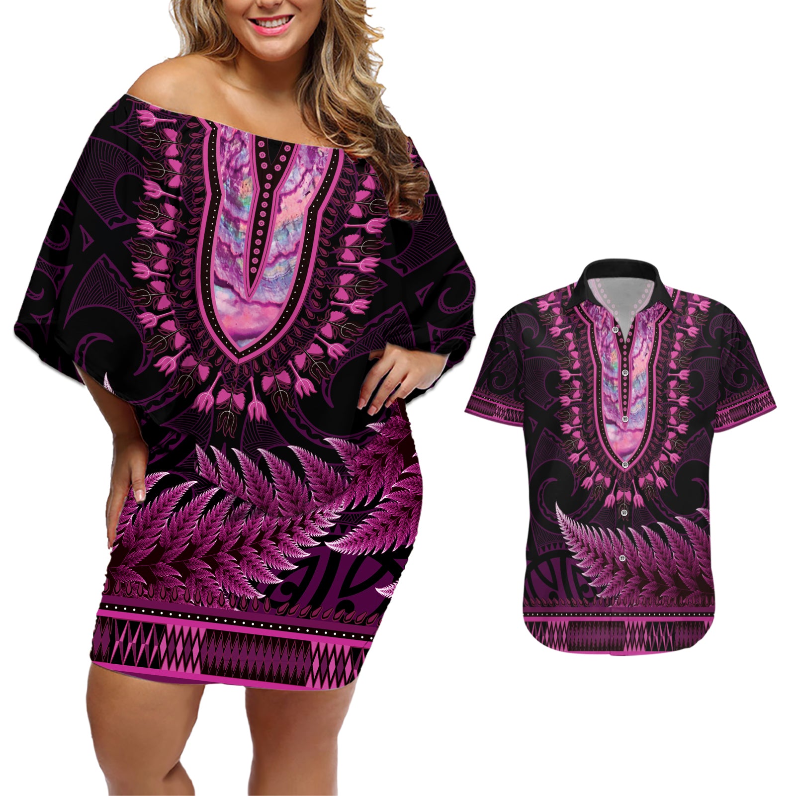 Pink African Dashiki With Aotearoa Maori Couples Matching Off Shoulder Short Dress and Hawaiian Shirt Paua Shell Mix Silver Fern