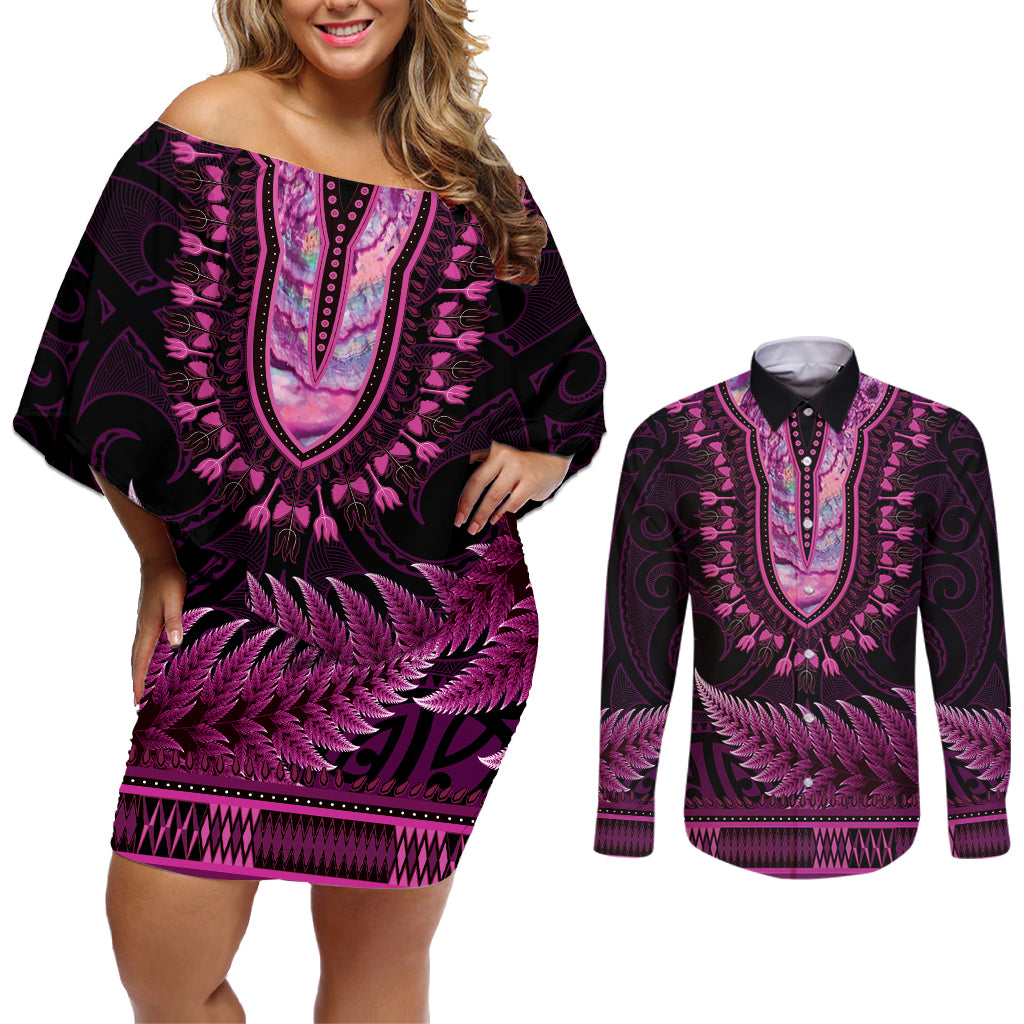 Pink African Dashiki With Aotearoa Maori Couples Matching Off Shoulder Short Dress and Long Sleeve Button Shirt Paua Shell Mix Silver Fern