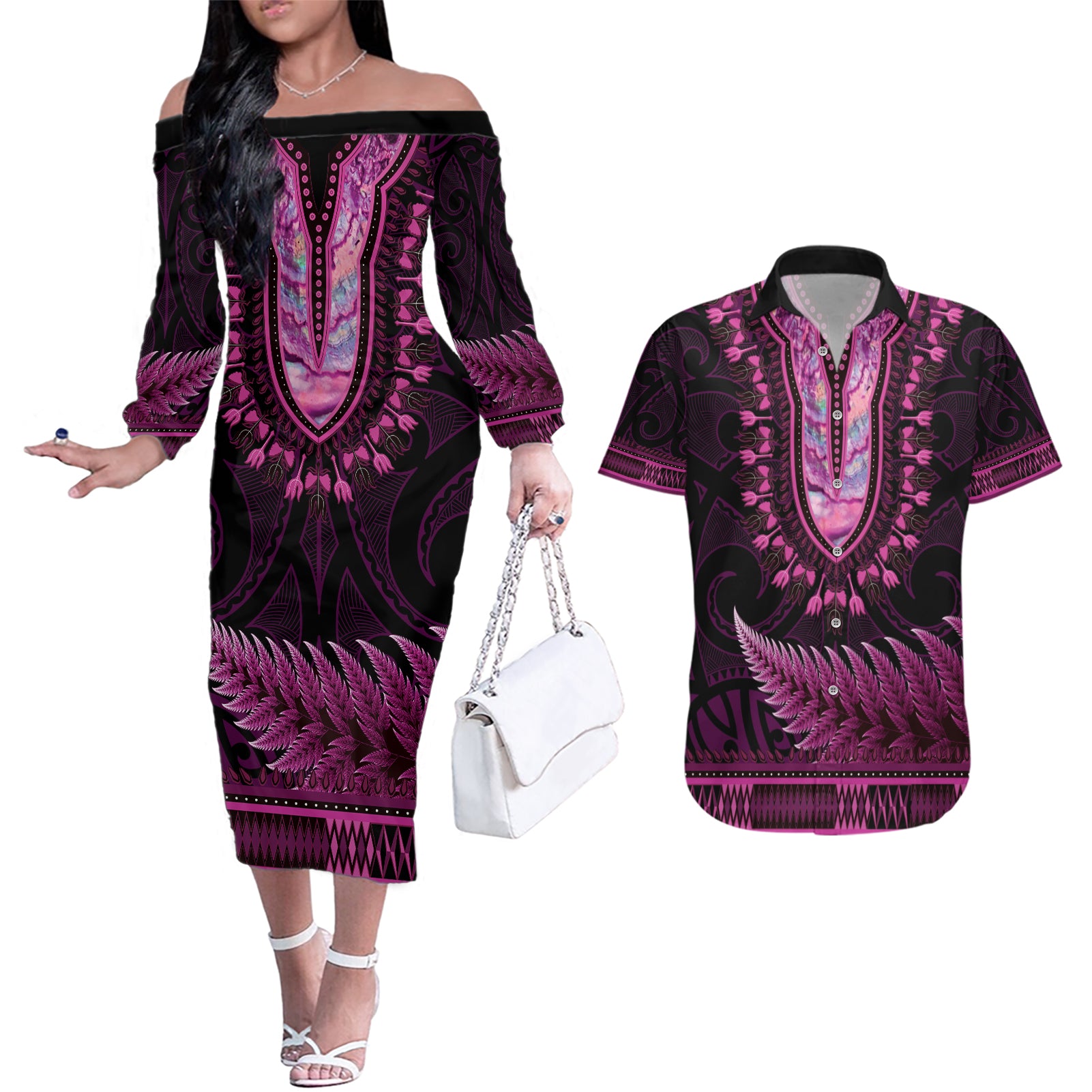 Pink African Dashiki With Aotearoa Maori Couples Matching Off The Shoulder Long Sleeve Dress and Hawaiian Shirt Paua Shell Mix Silver Fern