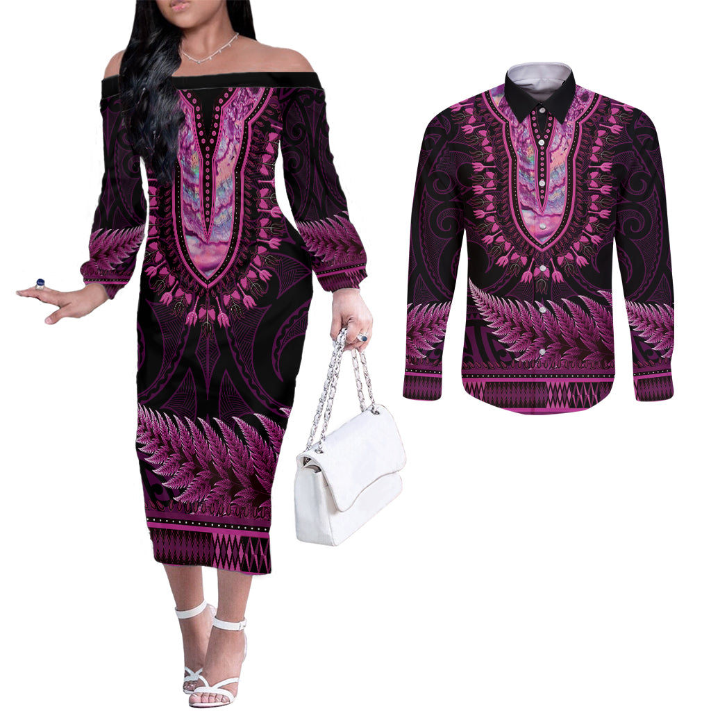 Pink African Dashiki With Aotearoa Maori Couples Matching Off The Shoulder Long Sleeve Dress and Long Sleeve Button Shirt Paua Shell Mix Silver Fern