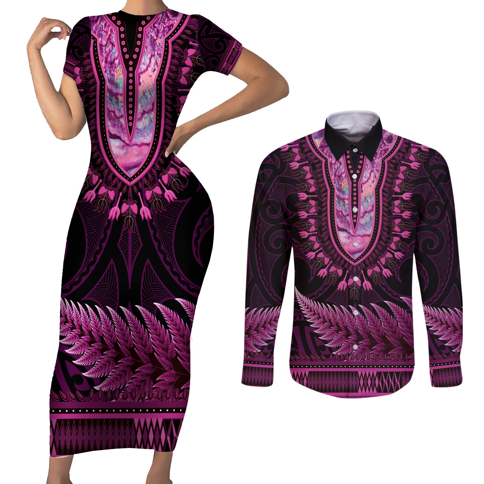 Pink African Dashiki With Aotearoa Maori Couples Matching Short Sleeve Bodycon Dress and Long Sleeve Button Shirt Paua Shell Mix Silver Fern