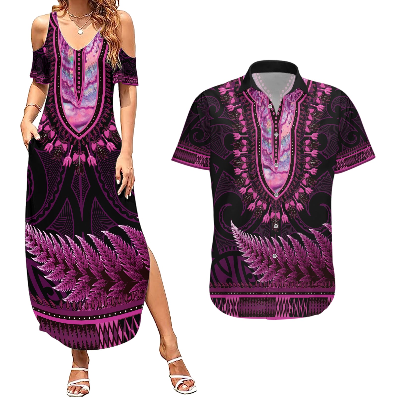 Pink African Dashiki With Aotearoa Maori Couples Matching Summer Maxi Dress and Hawaiian Shirt Paua Shell Mix Silver Fern