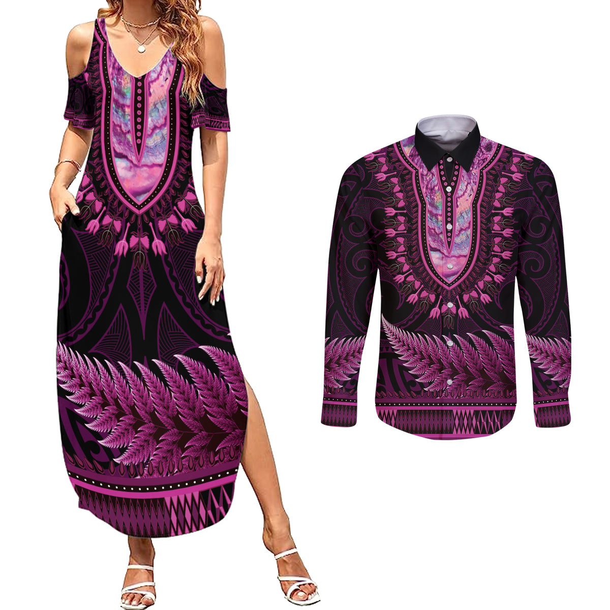 Pink African Dashiki With Aotearoa Maori Couples Matching Summer Maxi Dress and Long Sleeve Button Shirt Paua Shell Mix Silver Fern