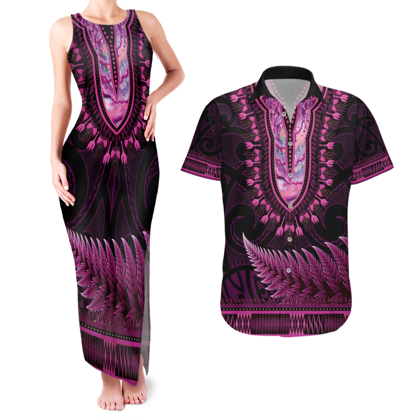 Pink African Dashiki With Aotearoa Maori Couples Matching Tank Maxi Dress and Hawaiian Shirt Paua Shell Mix Silver Fern