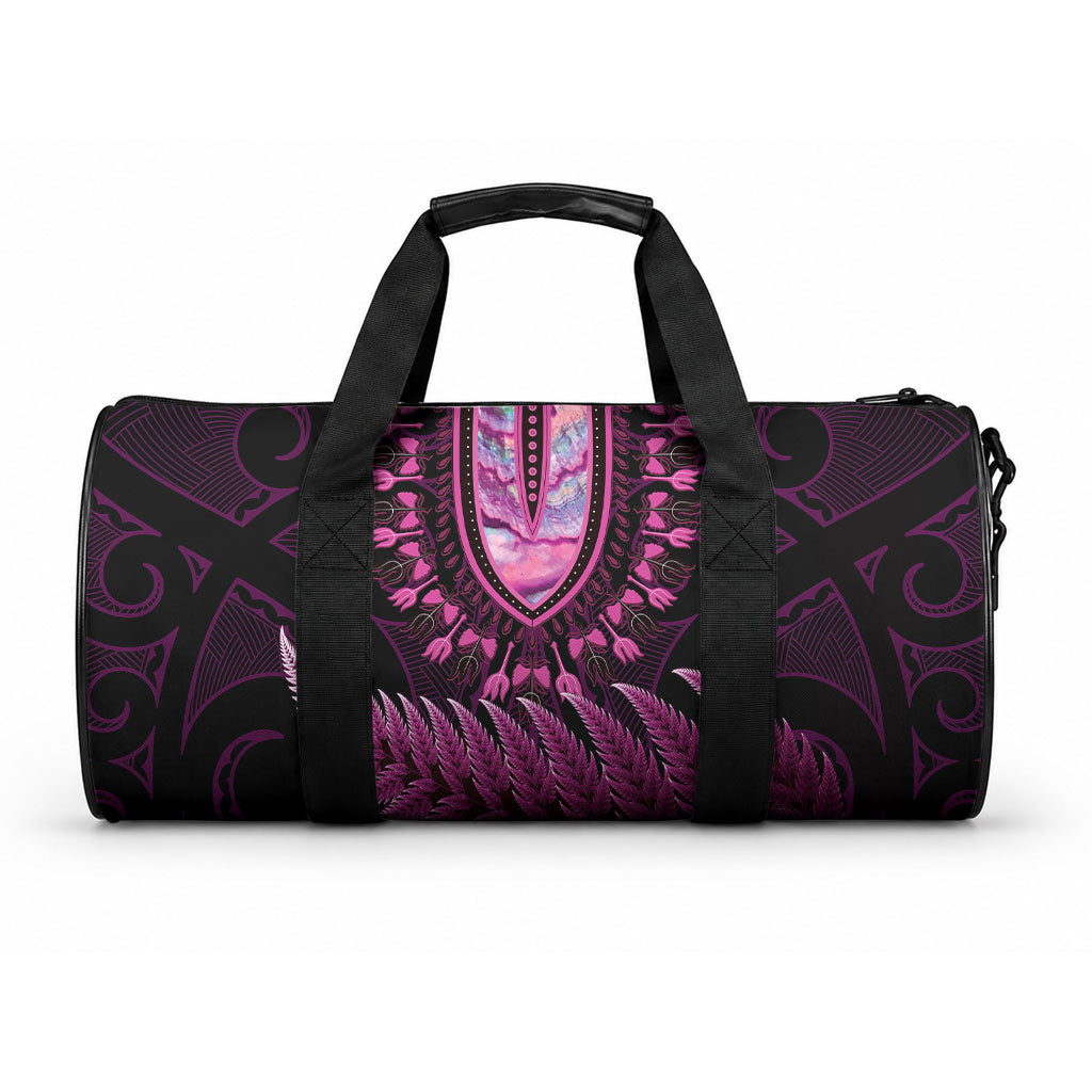 Pink African Dashiki With Aotearoa Maori Duffle Bag Paua Shell Mix Silver Fern LT14 One size Pink - Polynesian Pride