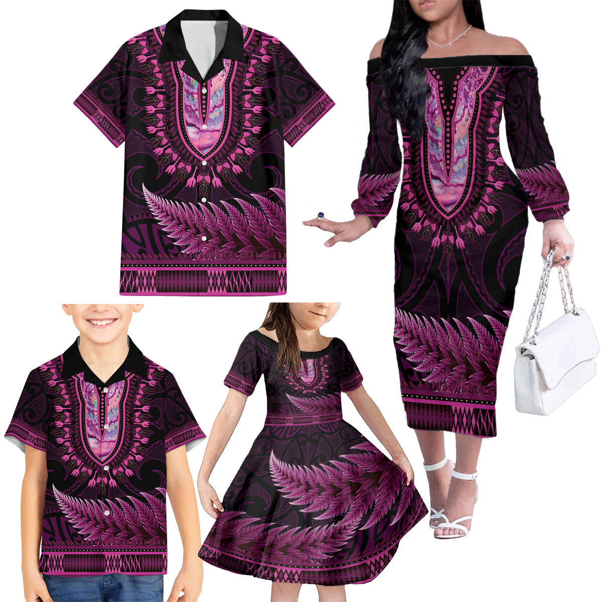 Pink African Dashiki With Aotearoa Maori Family Matching Off The Shoulder Long Sleeve Dress and Hawaiian Shirt Paua Shell Mix Silver Fern