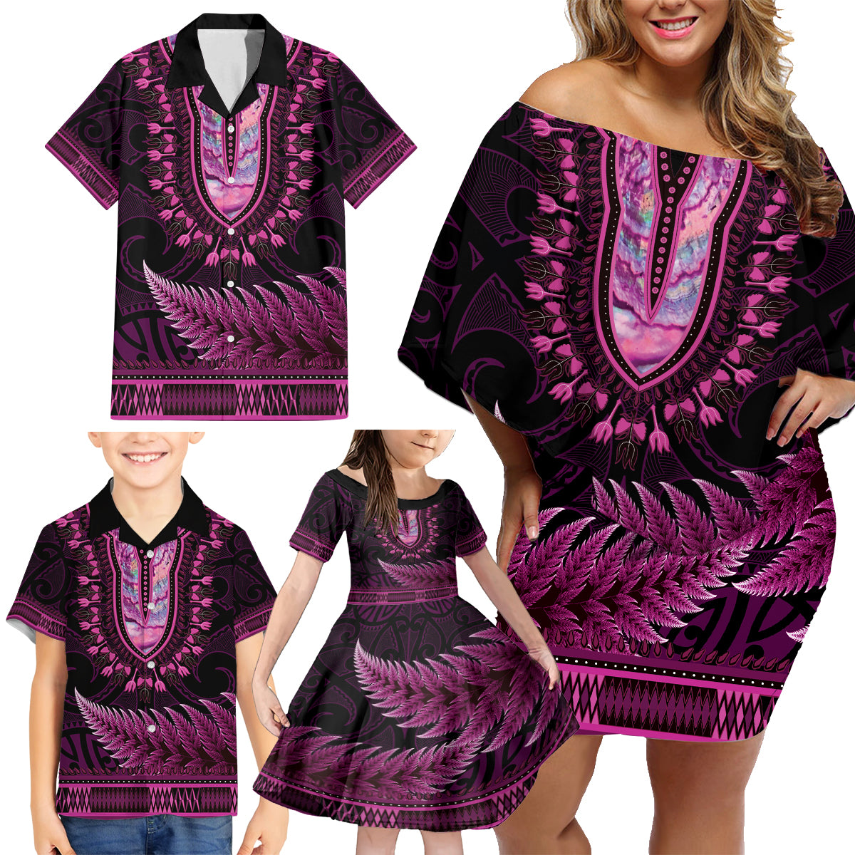 Pink African Dashiki With Aotearoa Maori Family Matching Off Shoulder Short Dress and Hawaiian Shirt Paua Shell Mix Silver Fern