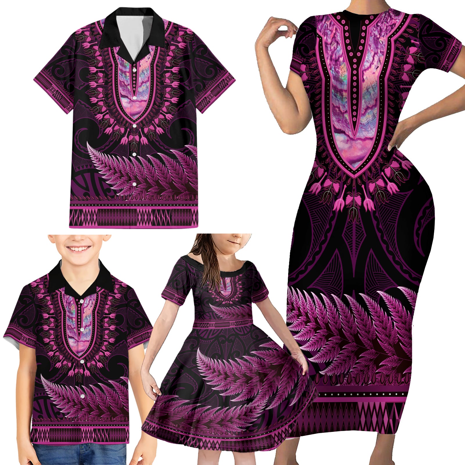 Pink African Dashiki With Aotearoa Maori Family Matching Short Sleeve Bodycon Dress and Hawaiian Shirt Paua Shell Mix Silver Fern