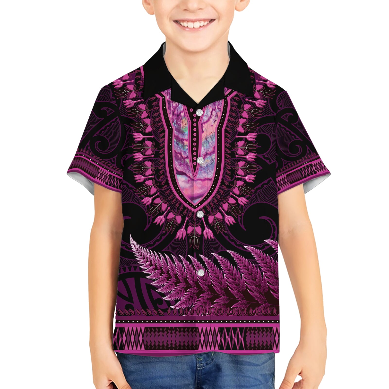 Pink African Dashiki With Aotearoa Maori Kid Hawaiian Shirt Paua Shell Mix Silver Fern