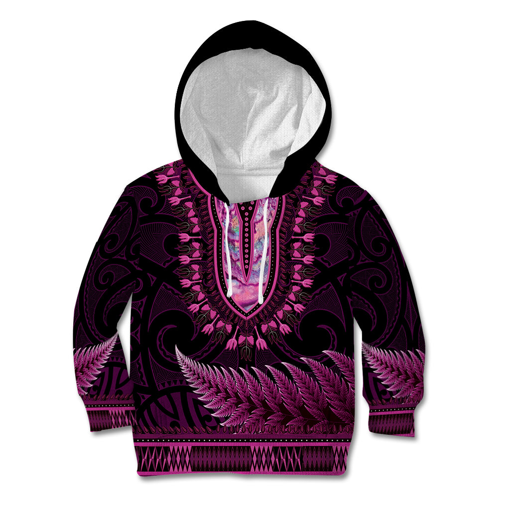 Pink African Dashiki With Aotearoa Maori Kid Hoodie Paua Shell Mix Silver Fern