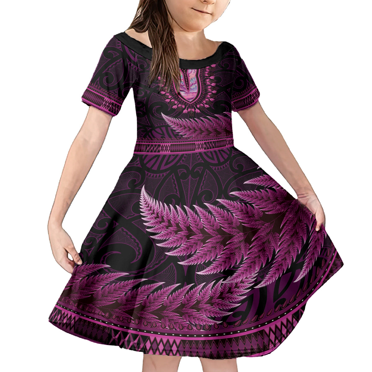 Pink African Dashiki With Aotearoa Maori Kid Short Sleeve Dress Paua Shell Mix Silver Fern