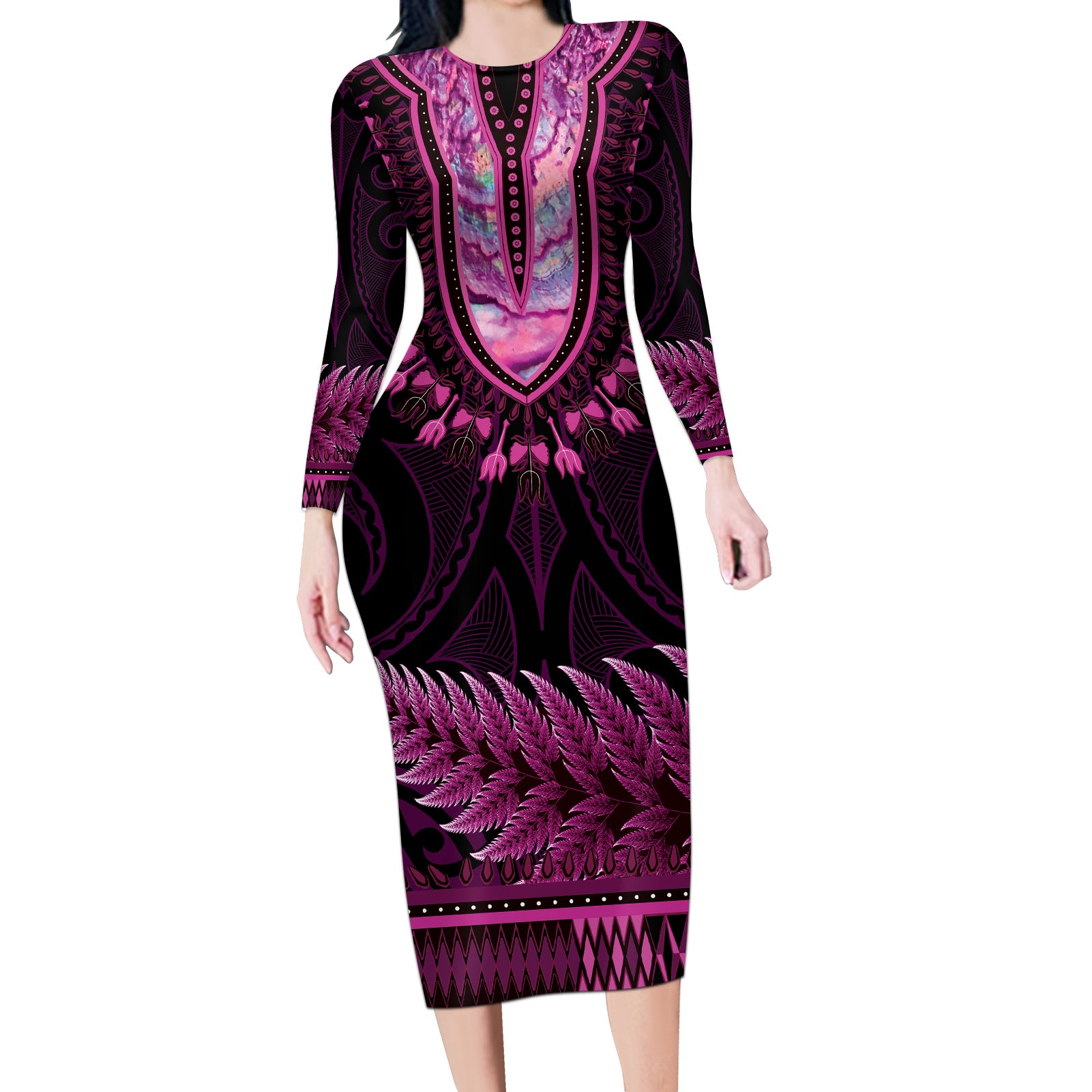 Pink African Dashiki With Aotearoa Maori Long Sleeve Bodycon Dress Paua Shell Mix Silver Fern