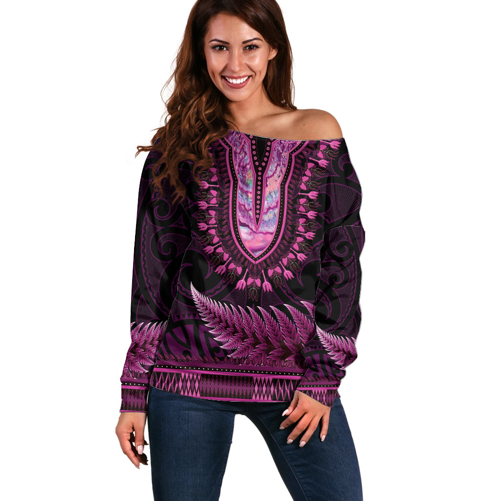 Pink African Dashiki With Aotearoa Maori Off Shoulder Sweater Paua Shell Mix Silver Fern