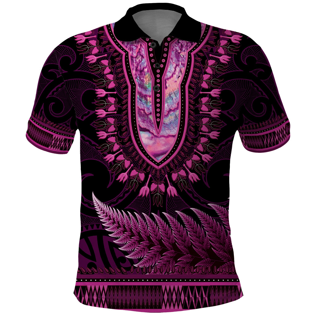 Pink African Dashiki With Aotearoa Maori Polo Shirt Paua Shell Mix Silver Fern