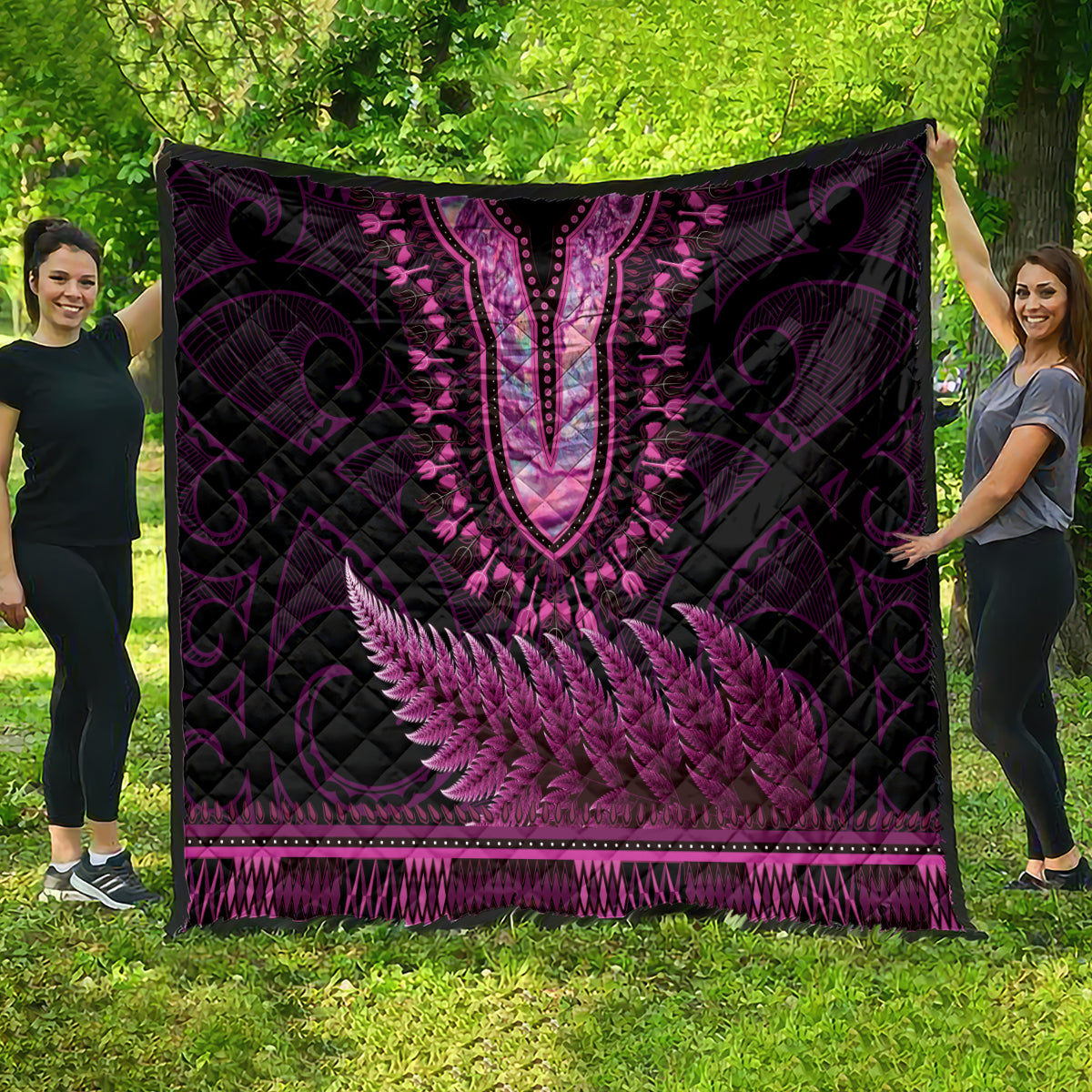Pink African Dashiki With Aotearoa Maori Quilt Paua Shell Mix Silver Fern LT14 - Polynesian Pride