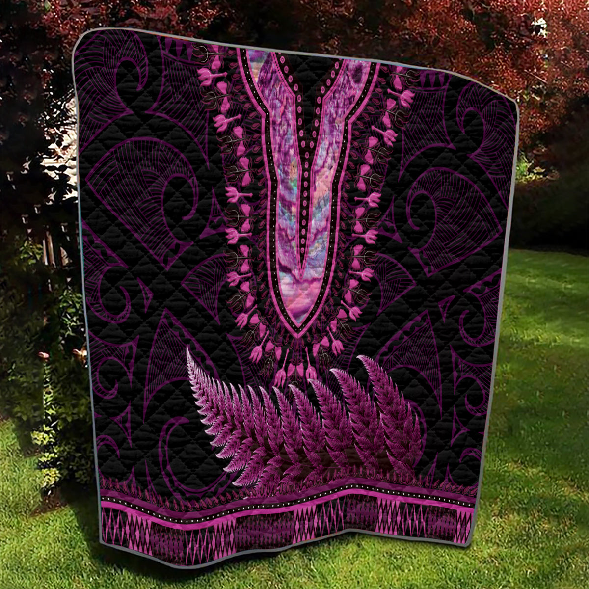 Pink African Dashiki With Aotearoa Maori Quilt Paua Shell Mix Silver Fern LT14 - Polynesian Pride